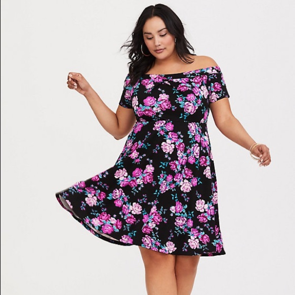 Torrid Black Floral Off Shoulder Ponte Dres